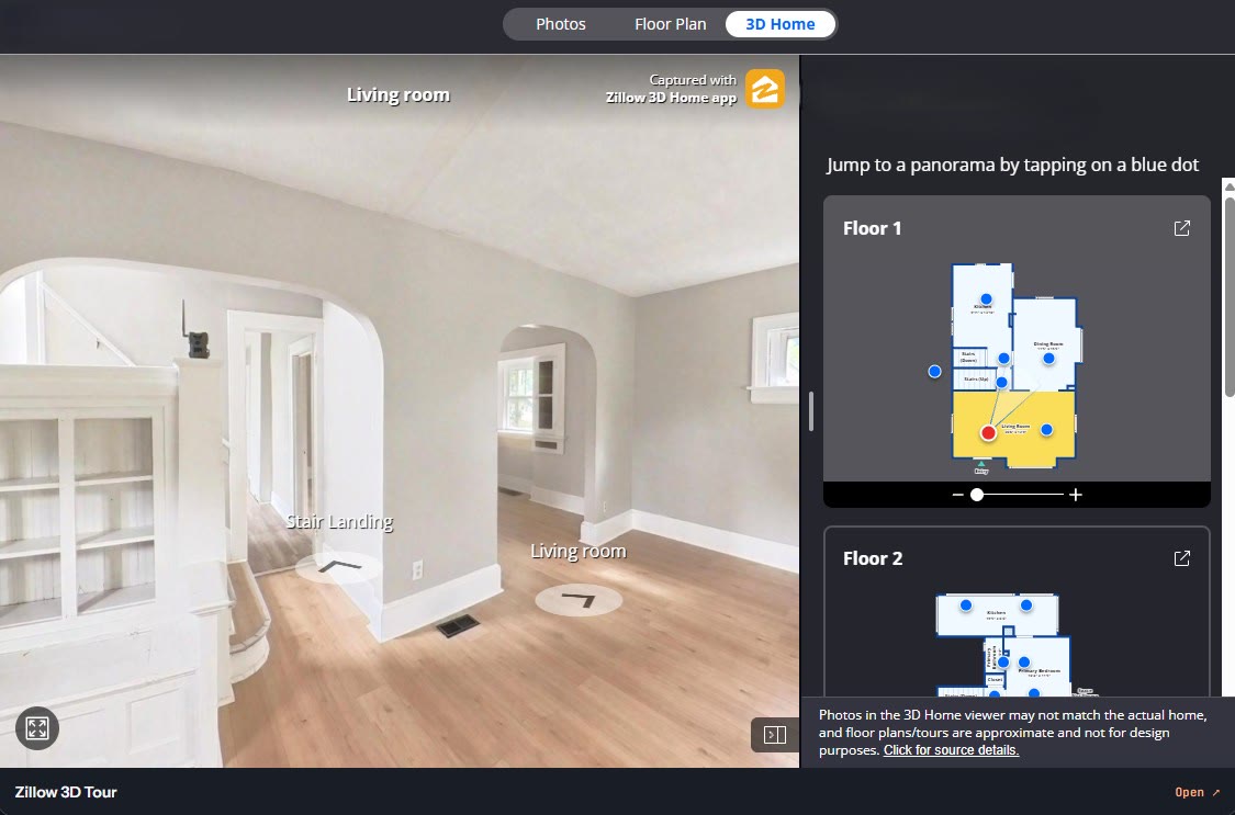 Zillow 3D Home tour with interactive floor plan
